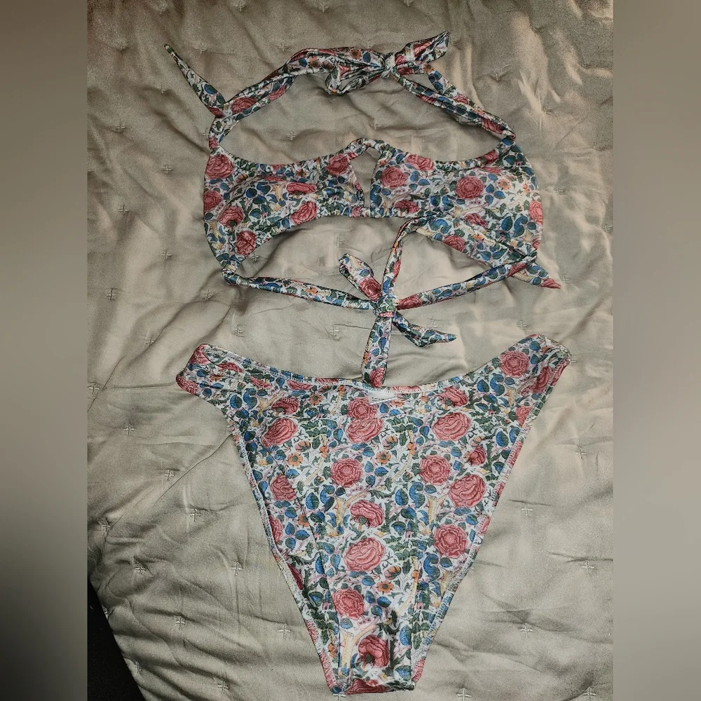 Strawberry Milk Mob Floral Tie Bikini in Pink, Green, Blue